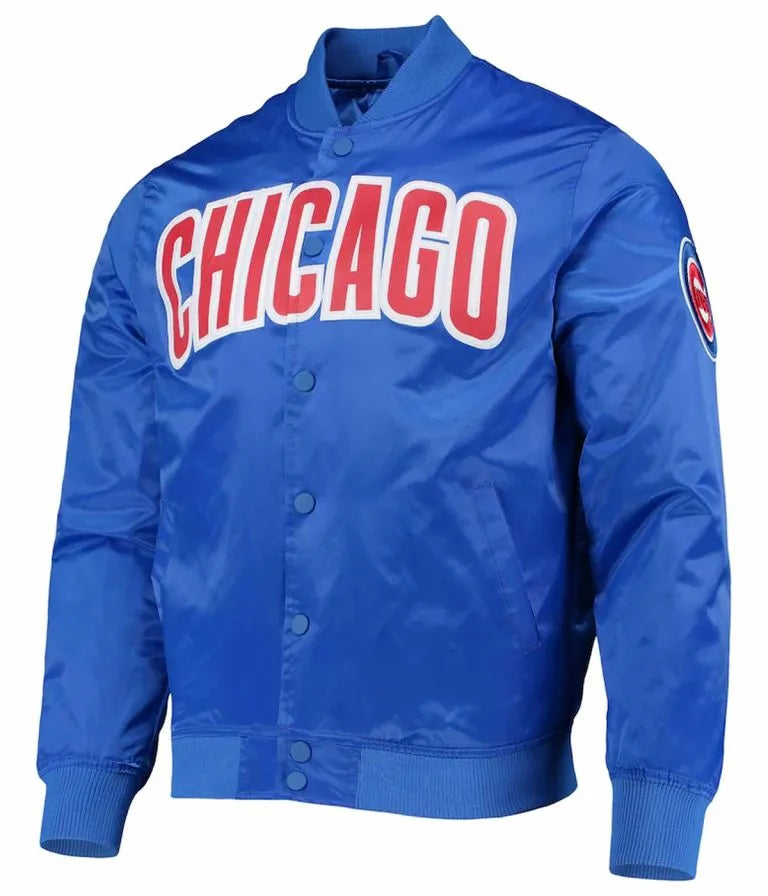 Chicago Cubs Wordmark Full-Snap Bomber Royal Blue Satin Men's Jacket
