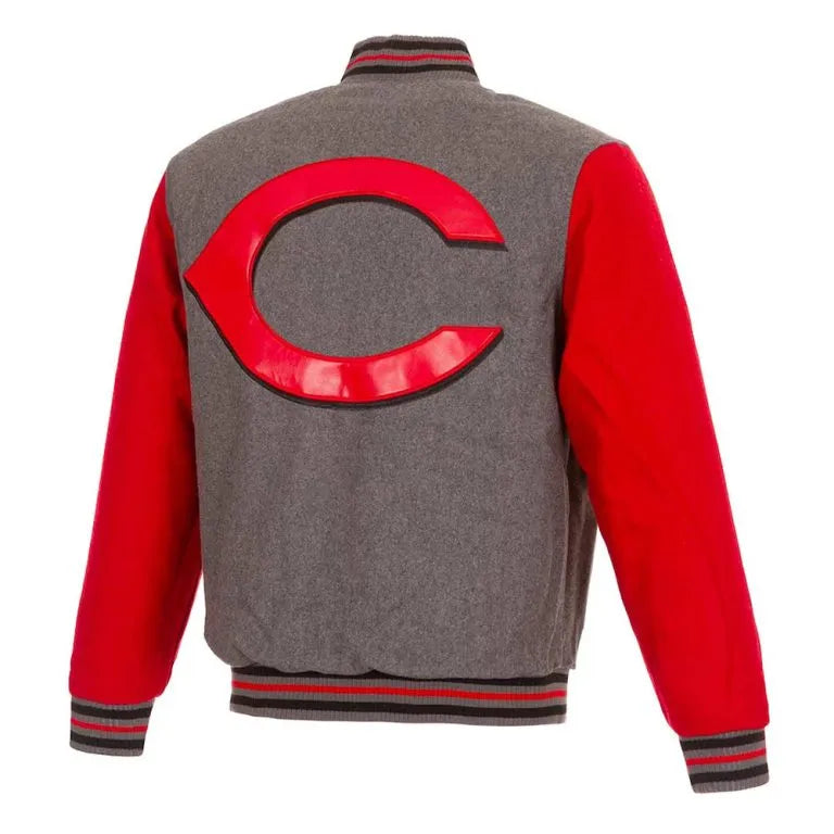 Cincinnati Reds Varsity Gray and Red Wool Full-Snap Men's Jacket