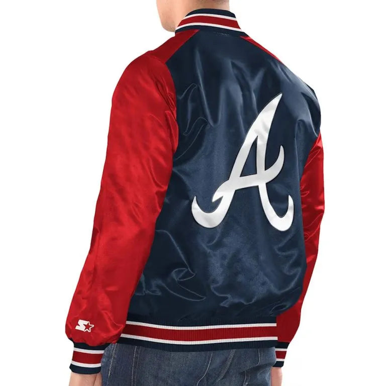 Atlanta Braves Renegade Navy and Red Full-Snap Varsity Men's Satin Bomber Jacket