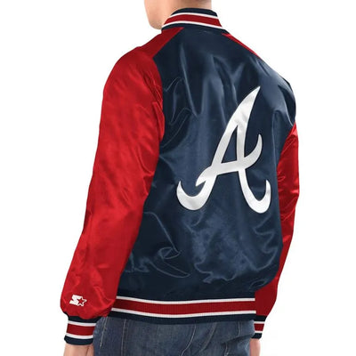 Atlanta Braves Renegade Navy and Red Full-Snap Varsity Men's Satin Bomber Jacket