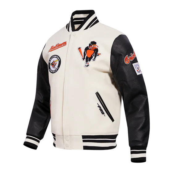 Baltimore Orioles Retro Classic Rib White Wool & Black Leather Sleeves Varsity Men's Jacket