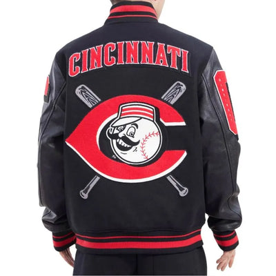 Cincinnati Reds Mash Up Black Wool and Leather Varsity Men's Jacket