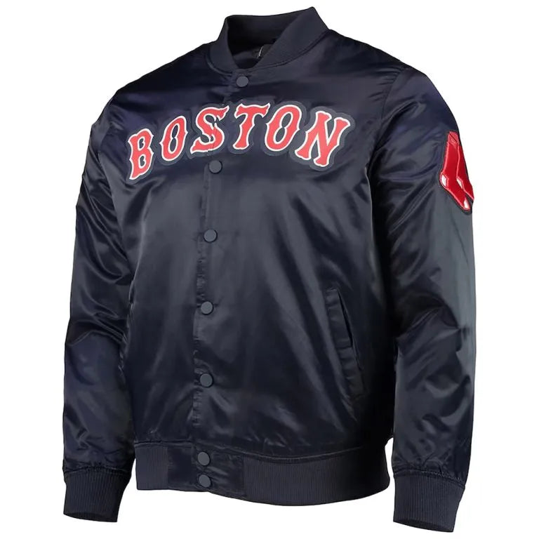 Boston Red Sox Wordmark Navy Blue Satin Full-Snap Men's Bomber Jacket
