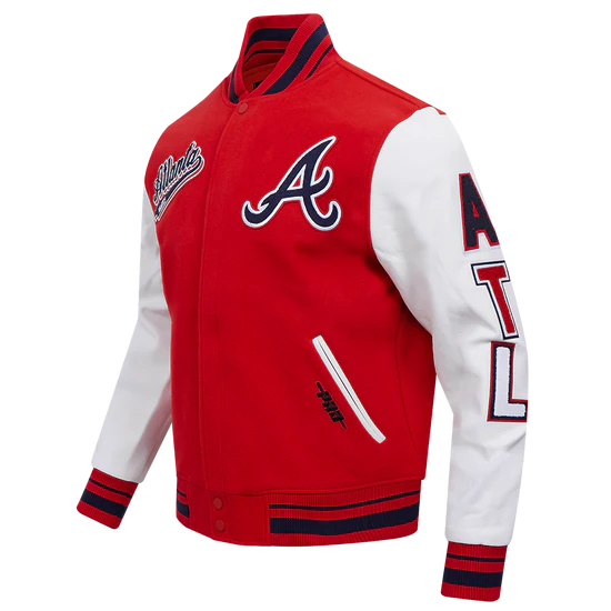 Atlanta Braves Script Tail Red Wool and White Leather Sleeves Varsity Men's Jacket