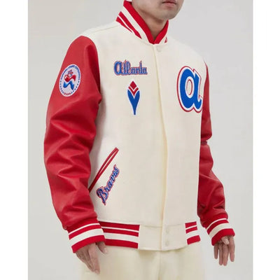 Atlanta Braves Mash Up Off White Wool and Red Leather Sleeves Full-Zip Varsity Men's Jacket