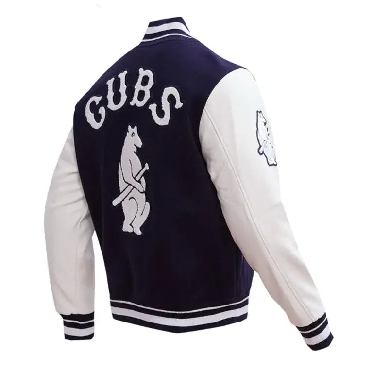 Chicago Cubs Navy Blue Wool & White Genuine Leather Sleeves Varsity Men's Jacket