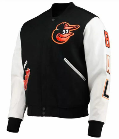 Baltimore Orioles Black Wool and White Leather Sleeves Letterman Varsity Men's Jacket