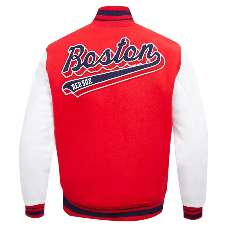 Boston Red Sox Script Tail Varsity Red Wool & White Leather Sleeves Men's Jacket