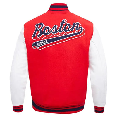 Boston Red Sox Script Tail Varsity Red Wool & White Leather Sleeves Men's Jacket