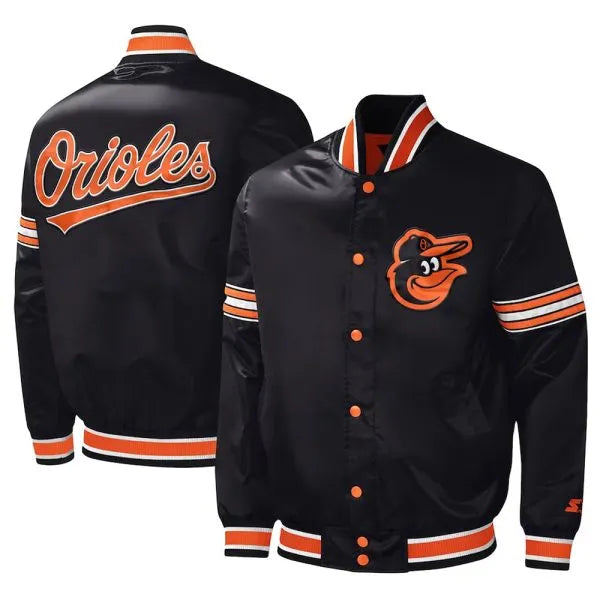 Baltimore Orioles Midfield Full-Snap Varsity Black Satin Men's Bomber Jacket