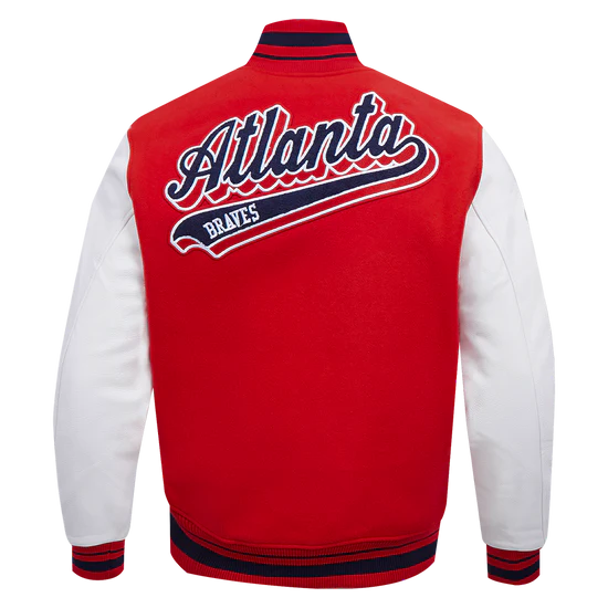 Atlanta Braves Script Tail Red Wool and White Leather Sleeves Varsity Men's Jacket