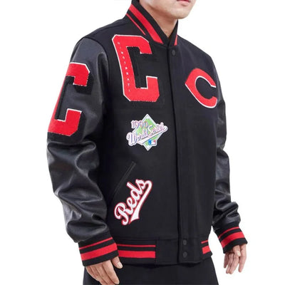 Cincinnati Reds Mash Up Black Wool and Leather Varsity Men's Jacket