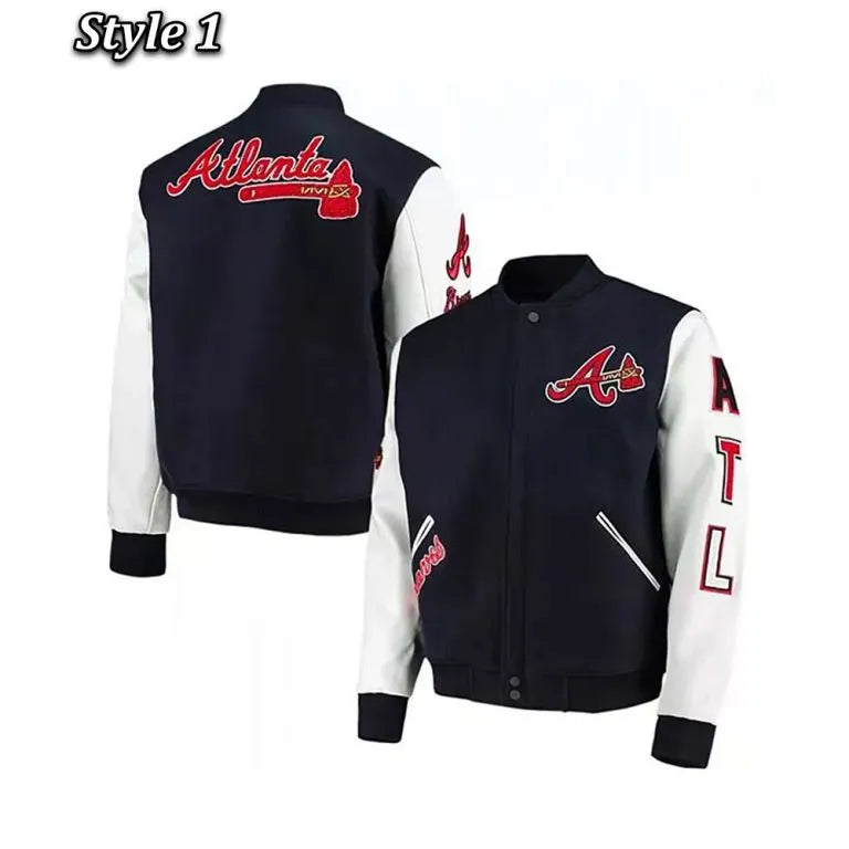 Atlanta Braves ATL Navy Blue Wool and White Leather Sleeves Letterman Varsity Men's Jacket