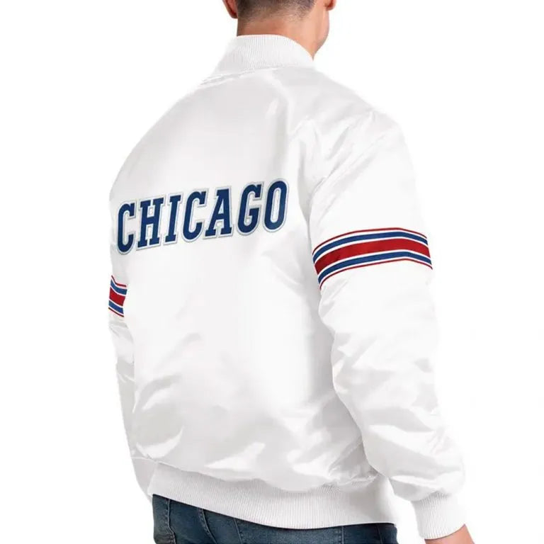 Chicago Cubs Power Forward Full-Snap Varsity White Satin Men's Jacket