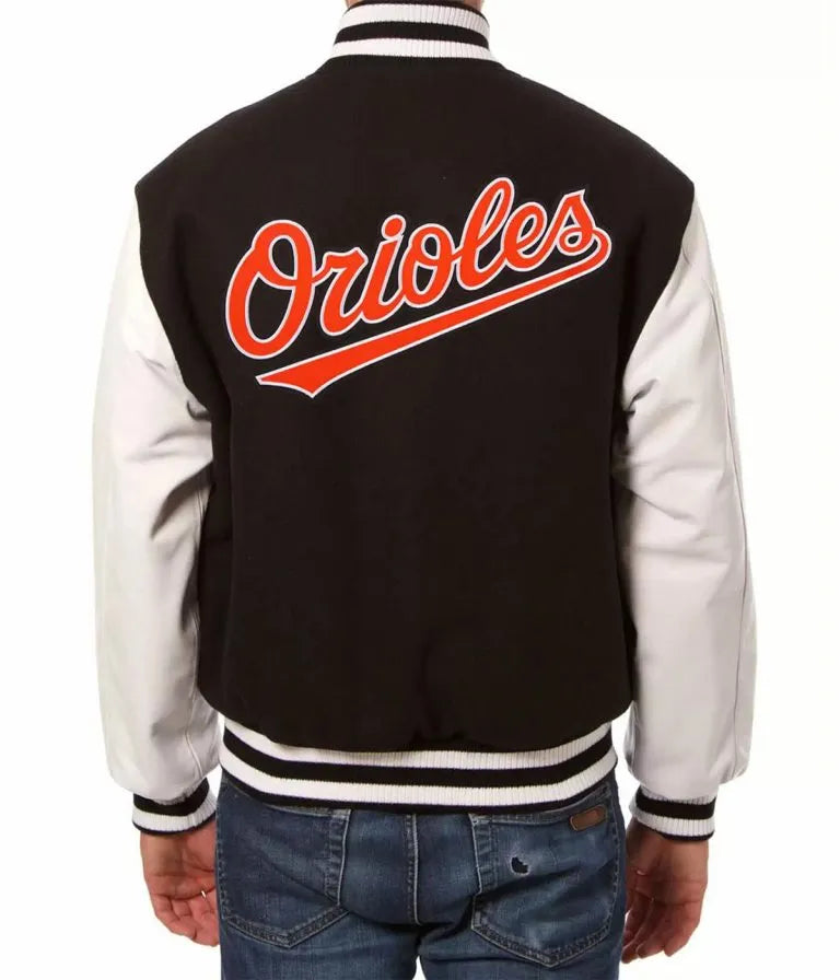 Baltimore Orioles Black Wool and White  Leather Sleeves Varsity Men's Jacket
