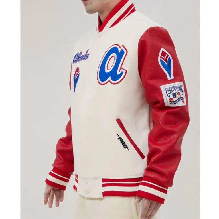 Atlanta Braves Mash Up Off White Wool and Red Leather Sleeves Full-Zip Varsity Men's Jacket