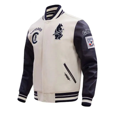 Chicago Cubs White Wool & Black Leather Sleeves Varsity Men's Jacket