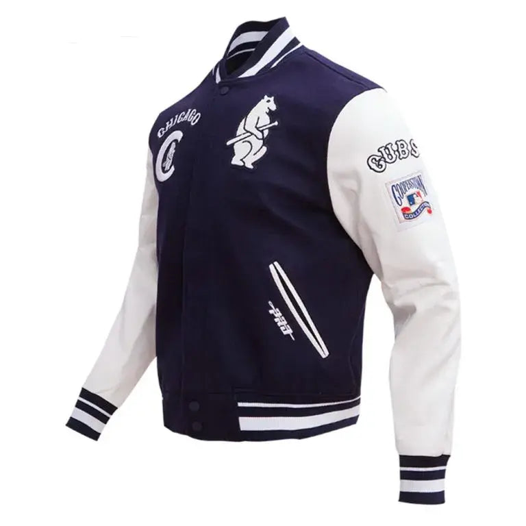 Chicago Cubs Navy Blue Wool & White Genuine Leather Sleeves Varsity Men's Jacket