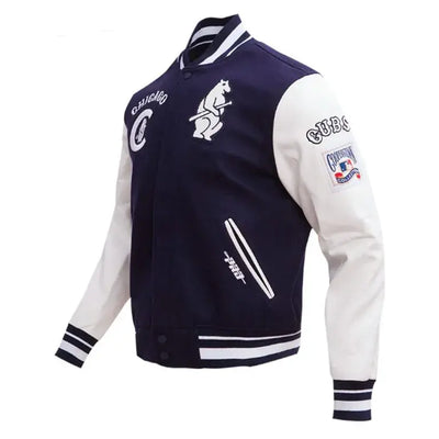 Chicago Cubs Navy Blue Wool & White Genuine Leather Sleeves Varsity Men's Jacket