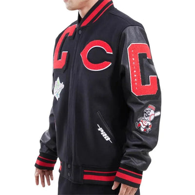 Cincinnati Reds Mash Up Black Wool and Leather Varsity Men's Jacket