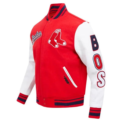 Boston Red Sox Script Tail Varsity Red Wool & White Leather Sleeves Men's Jacket