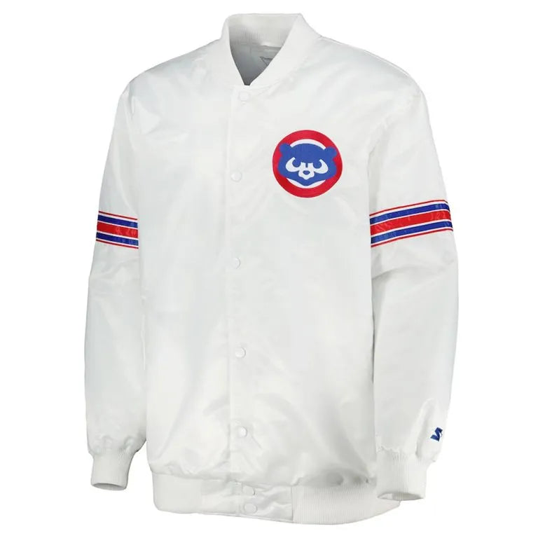 Chicago Cubs Power Forward Full-Snap Varsity White Satin Men's Jacket