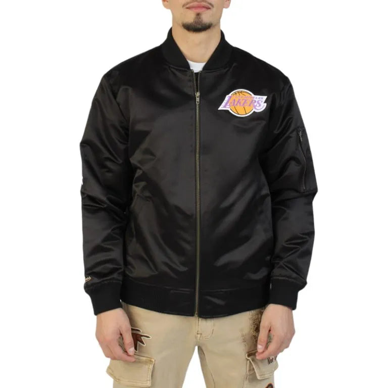 Los Angeles Lakers Vintage Logo Lightweight Full-Zip Varsity Black Satin Men's Bomber Jacket