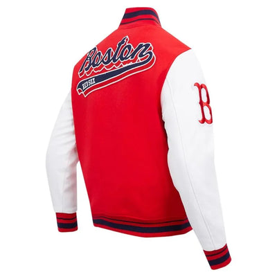 Boston Red Sox Script Tail Varsity Red Wool & White Leather Sleeves Men's Jacket