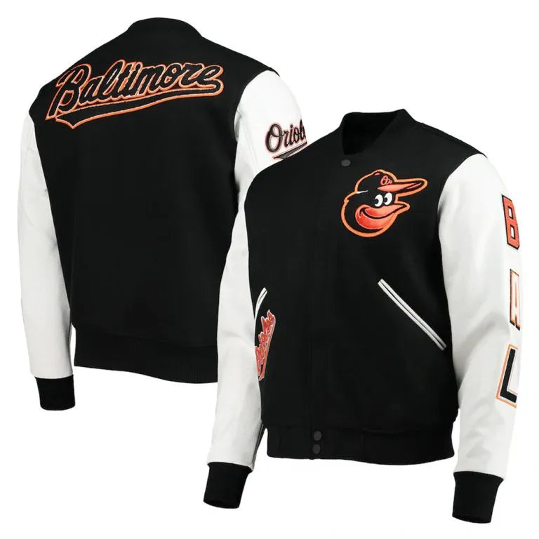Baltimore Orioles Black Wool and White Leather Sleeves Letterman Varsity Men's Jacket
