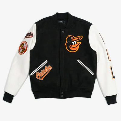 Baltimore Orioles Black Wool and White Leather Sleeves Letterman Varsity Men's Jacket