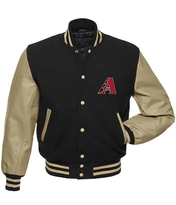 Arizona Diamondbacks Letterman Black Wool and Tan Genuine Leather Sleeves Men's Jacket