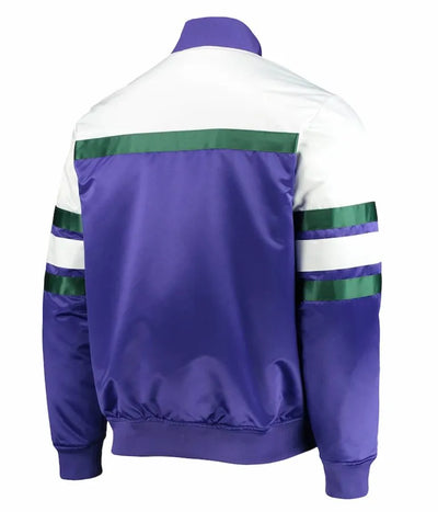 Milwaukee Bucks Hardwood Classics Script Full-Snap Varsity White and Purple Satin Men's Bomber Jacket