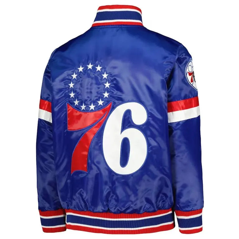 Philadelphia 76ers Home Game Full-Snap Varsity Royal Blue Satin Men's Bomber Jacket