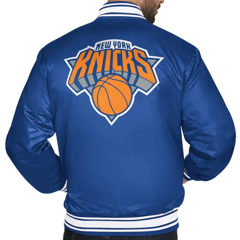 New York Knicks Logo Full-Snap Varsity Blue Satin Men's Bomber Jacket
