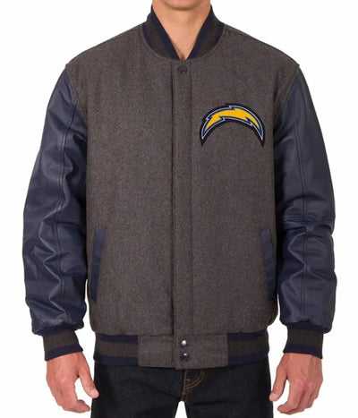 Los Angeles Chargers Charcoal Wool and Navy Blue Genuine Leather Sleeves Men's Varsity Letterman Jacket