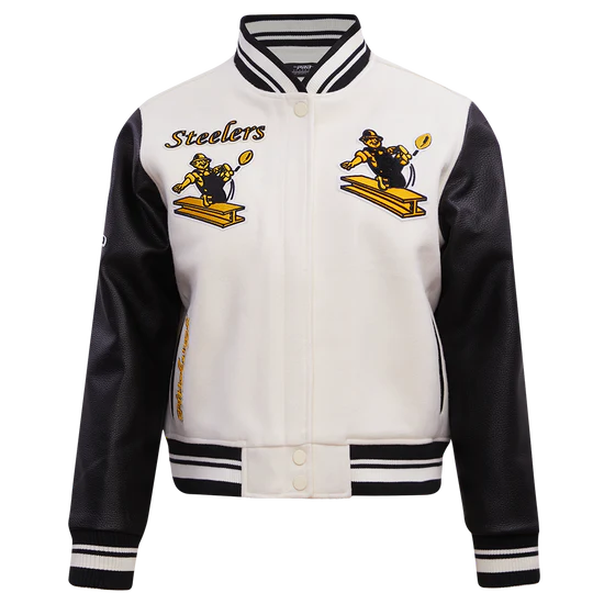 Pittsburgh Steelers Retro Classic Off White Wool & Black Genuine Leather Sleeves Men's Varsity Letterman Jacket