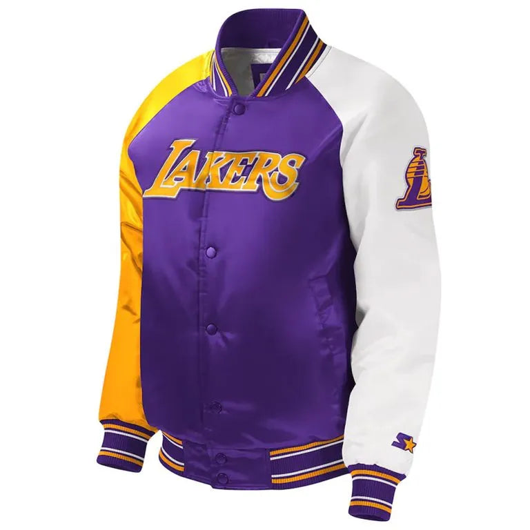Los Angeles Lakers Youth Full-Snap Varsity Tri Color Satin Men's Bomber Jacket