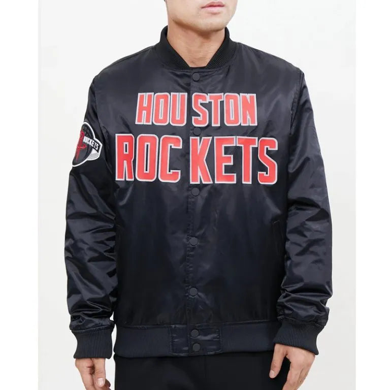 Houston Rockets Big Logo Full-Snap Varsity Black Satin Men's Bomber Jacket