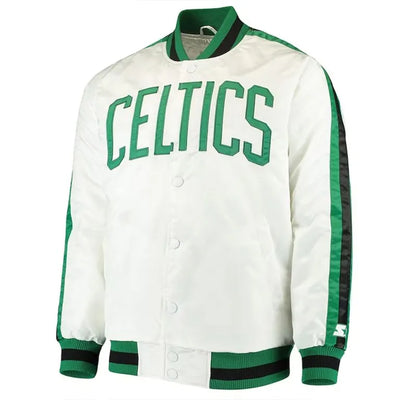 Boston Celtics The D-Line Full-Snap Varsity White Satin Men's Bomber Jacket