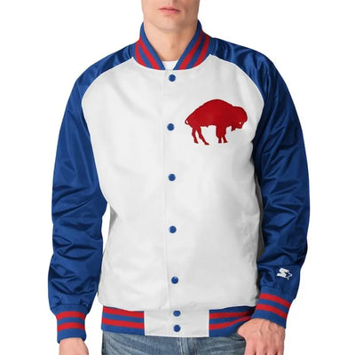 Buffalo Bills Clean Up Throwback Full-Snap Varsity Royal Blue and White Satin Men's Bomber Jacket
