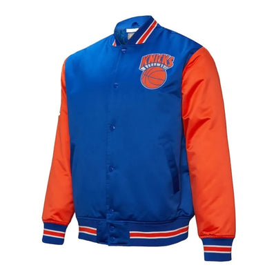 New York Knicks Primetime Full-Snap Varsity Royal Blue and Orange Satin Men's Bomber Jacket