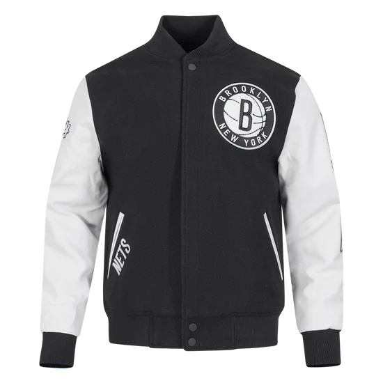 Brooklyn Nets NBA Black Wool & White Genuine Leather Sleeves Men's Varsity Letterman Jacket