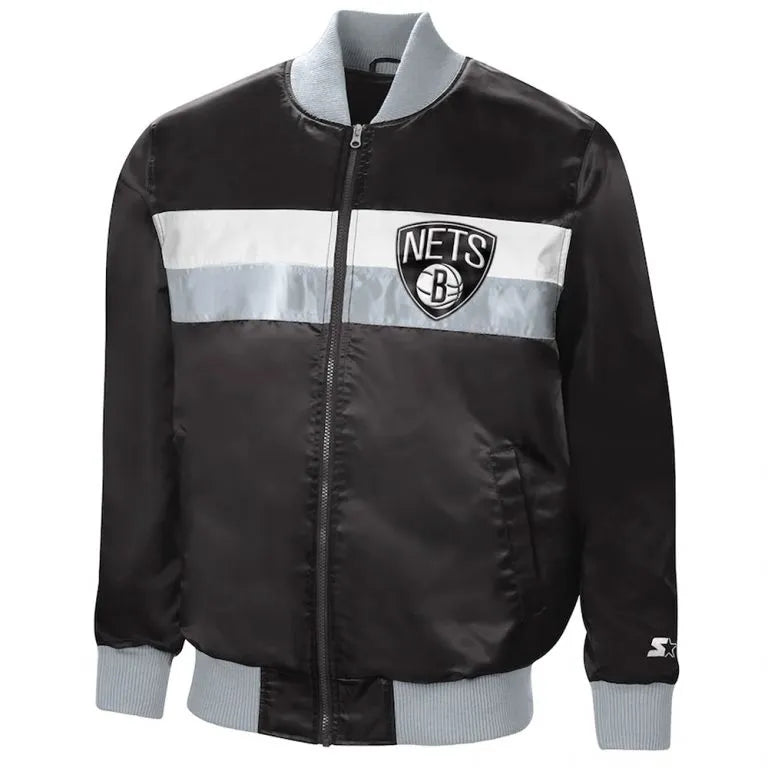 Brooklyn Nets The Ambassador Full-Snap Varsity Black Satin Men's Bomber Jacket