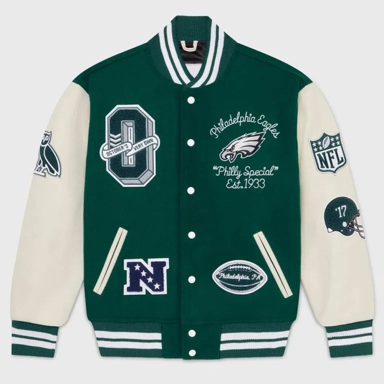 OVO Philadelphia Eagles Green Wool & White Genuine Leather Sleeves Men's Varsity Letterman Jacket