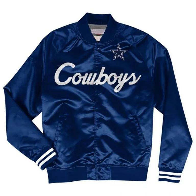 Dallas Cowboys Scrip Full-Snap Varsity Navy Blue Satin Men's Bomber Jacket