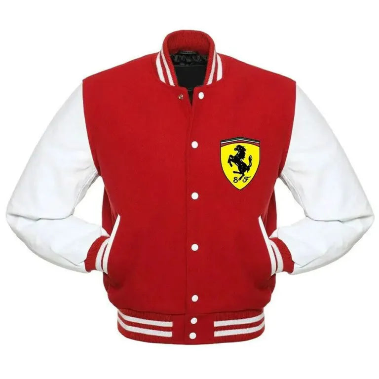 Ferrari Red Wool & White Genuine Leather Sleeves Men's Letterman Varsity Jacket