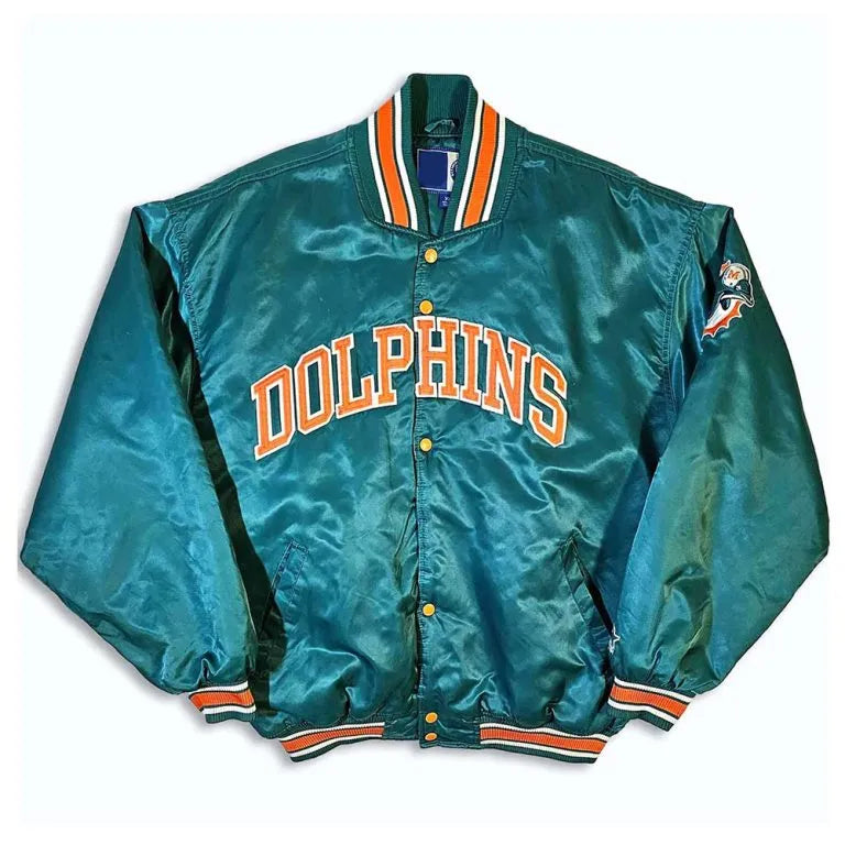 90s Miami Dolphins Full-Snap Varsity Green Satin Men's Bomber Jacket