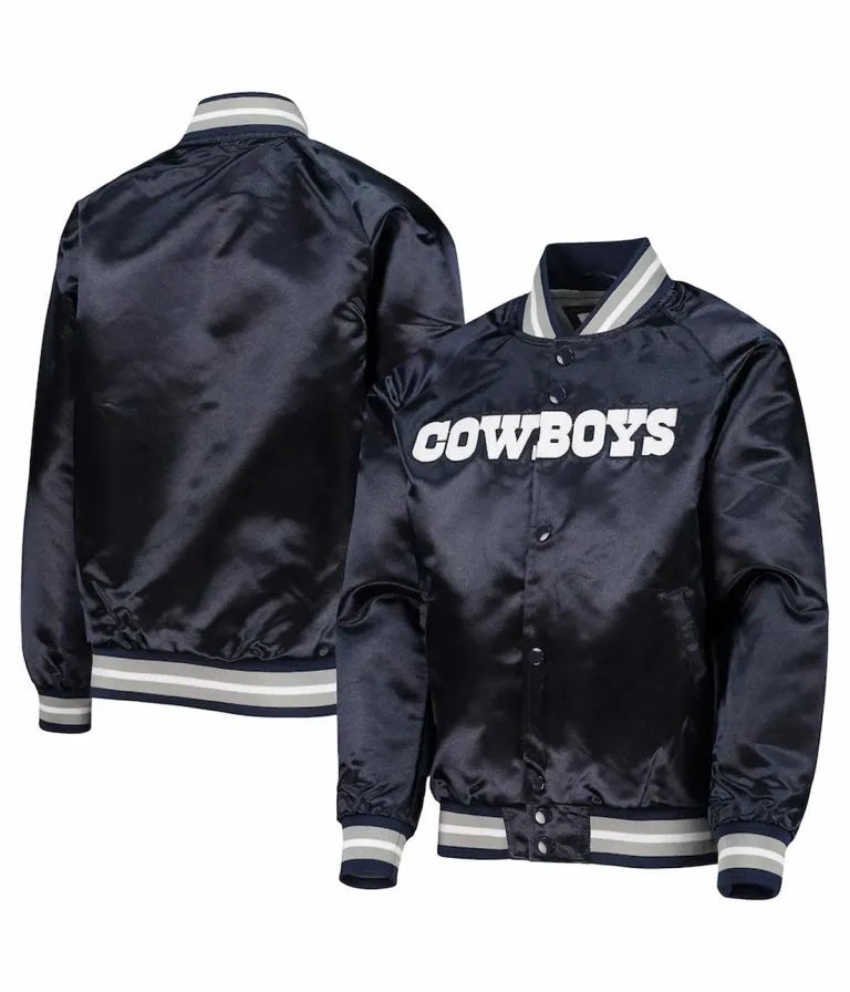 Dallas Cowboys Raglan Full-Snap Varsity Navy Blue Satin Men's Bomber Jacket