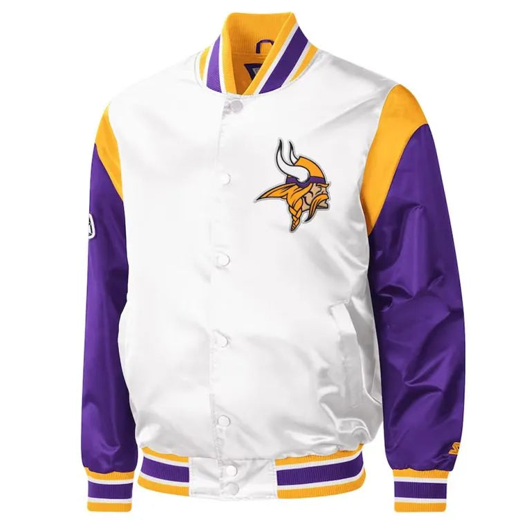 Minnesota Vikings Throwback Warm Up Pitch Full-Snap Varsity White & Purple Satin Men's Bomber Jacket