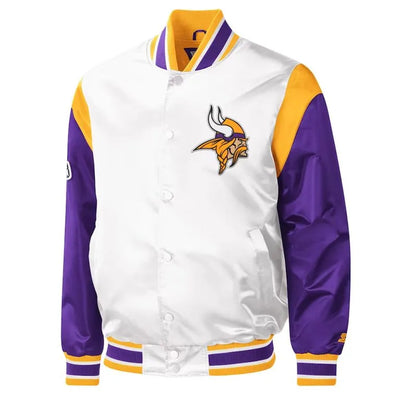 Minnesota Vikings Throwback Warm Up Pitch Full-Snap Varsity White & Purple Satin Men's Bomber Jacket